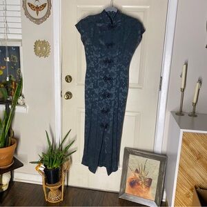 Vintage Teal Floral Qipao Cheongsam Maxi Dress Frog Closures Elegant Asian